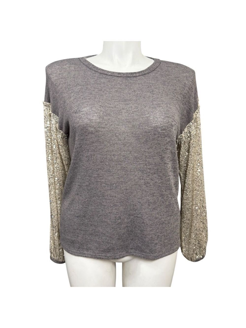 BiBi Gray Knit Top with Sequin Balloon Sleeves Women’s XL